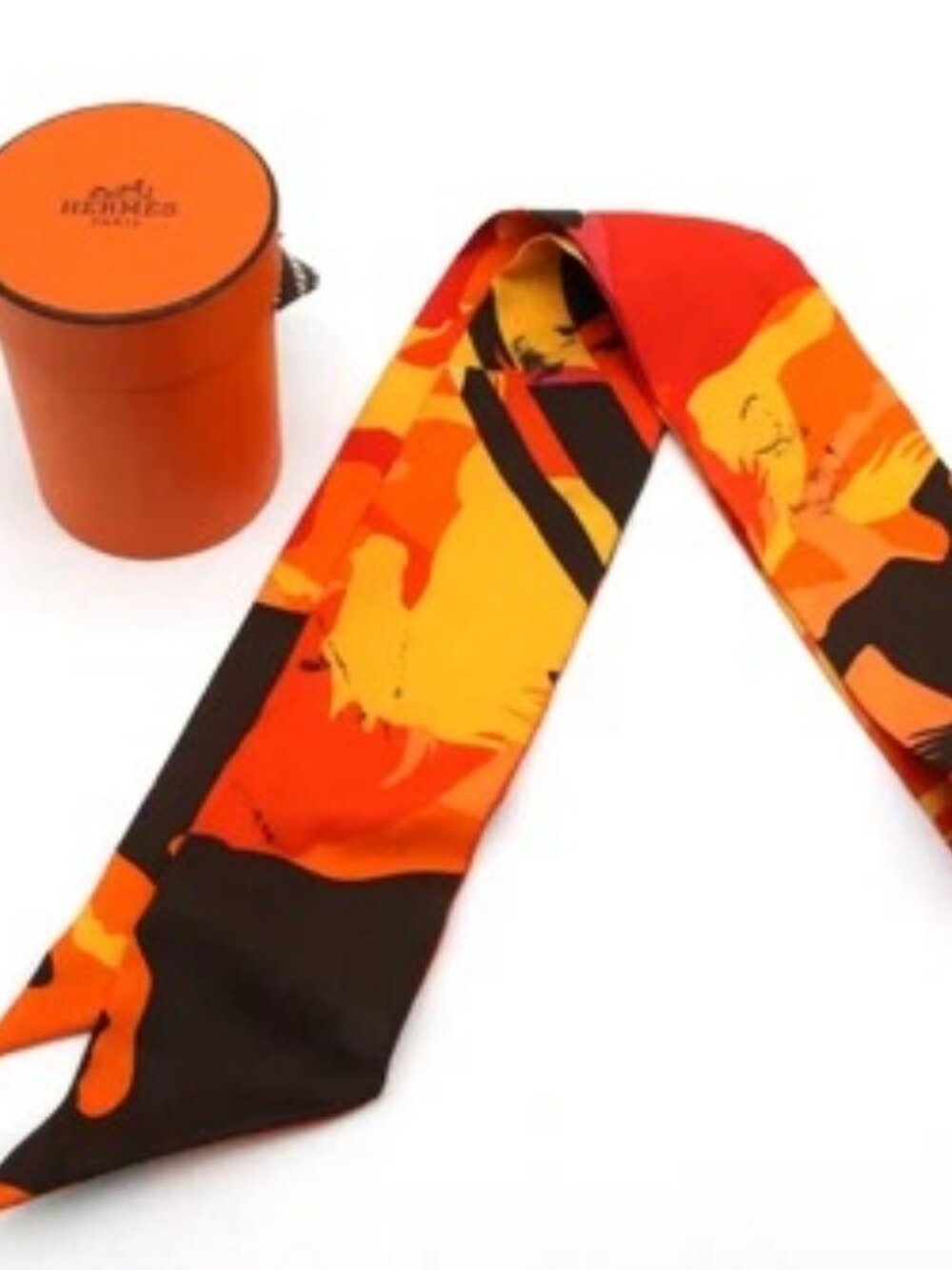 Hermes Twilly Horse Cheval Scarf Muffler 5cm x 85cm - Orange/Black